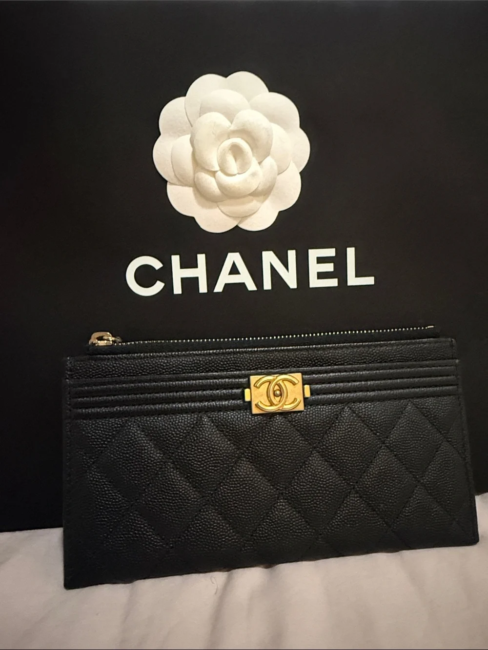CHANEL Black Quilted Leather Card Holder Clutch with Gold CC Plaque